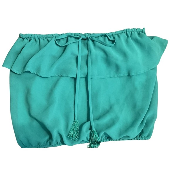 Bebe Chiffon Ruffle Tube Top Womens Small Green Tassel Adjustable Elastic Boho - Picture 1 of 7